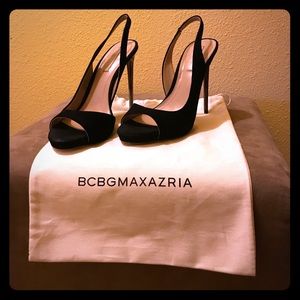 BCBG Maxazria black suede sling back stilettos