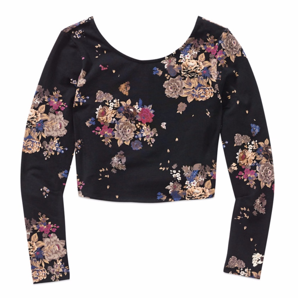 Talula Long Sleeve Black Floral Crop Top