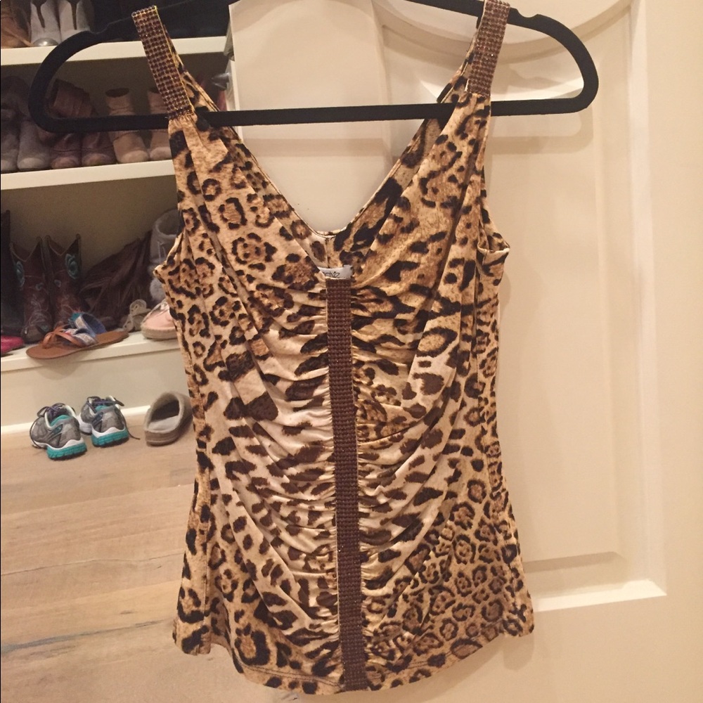 Beautiful leopard ruched top with rhinestones