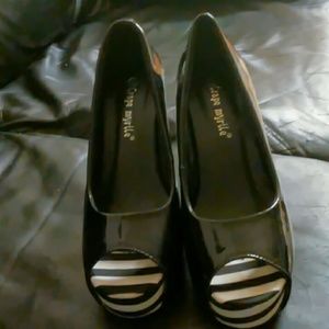 Black & White Stripped Paten Leather Wedge Heels