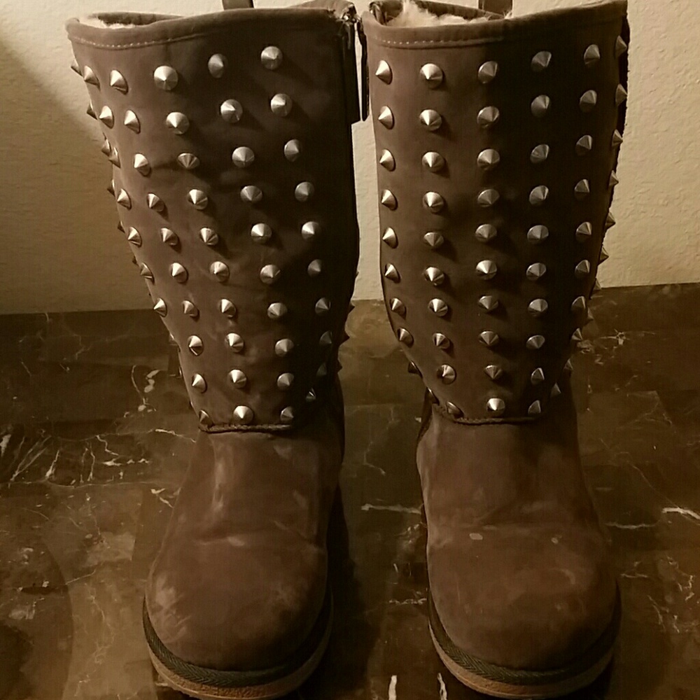 Gray Flat Studded Mid Calf Boots