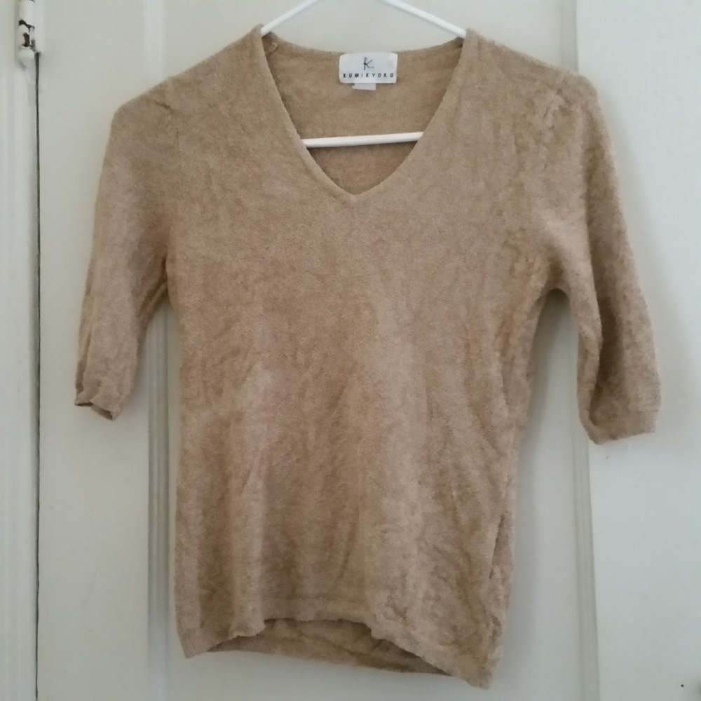 Tan 3/4 Sleeve V-Neck Knit Top w/ Furry Texture