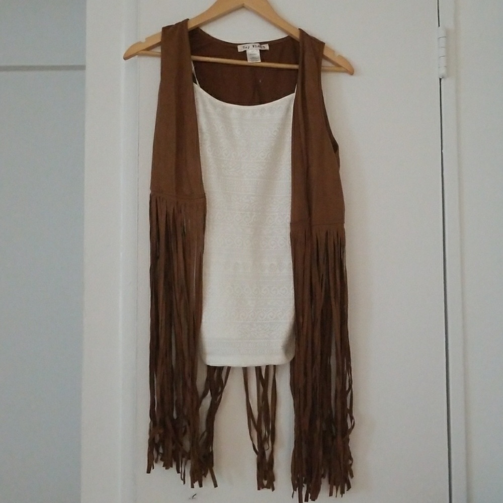 White tank top with a brown cowgirl style vest (s)