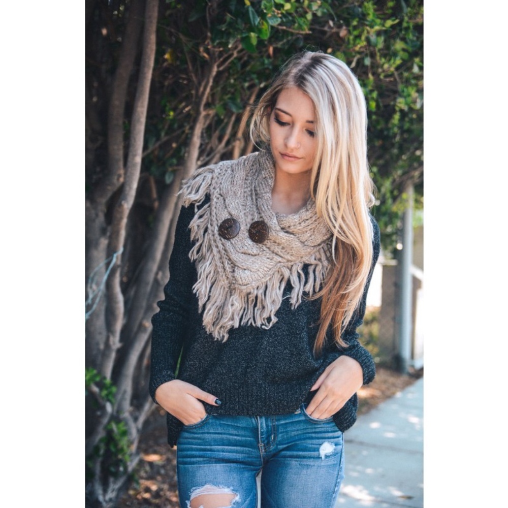 HP Mocha Knit Button Fringe Tassel Shoulder Warmer