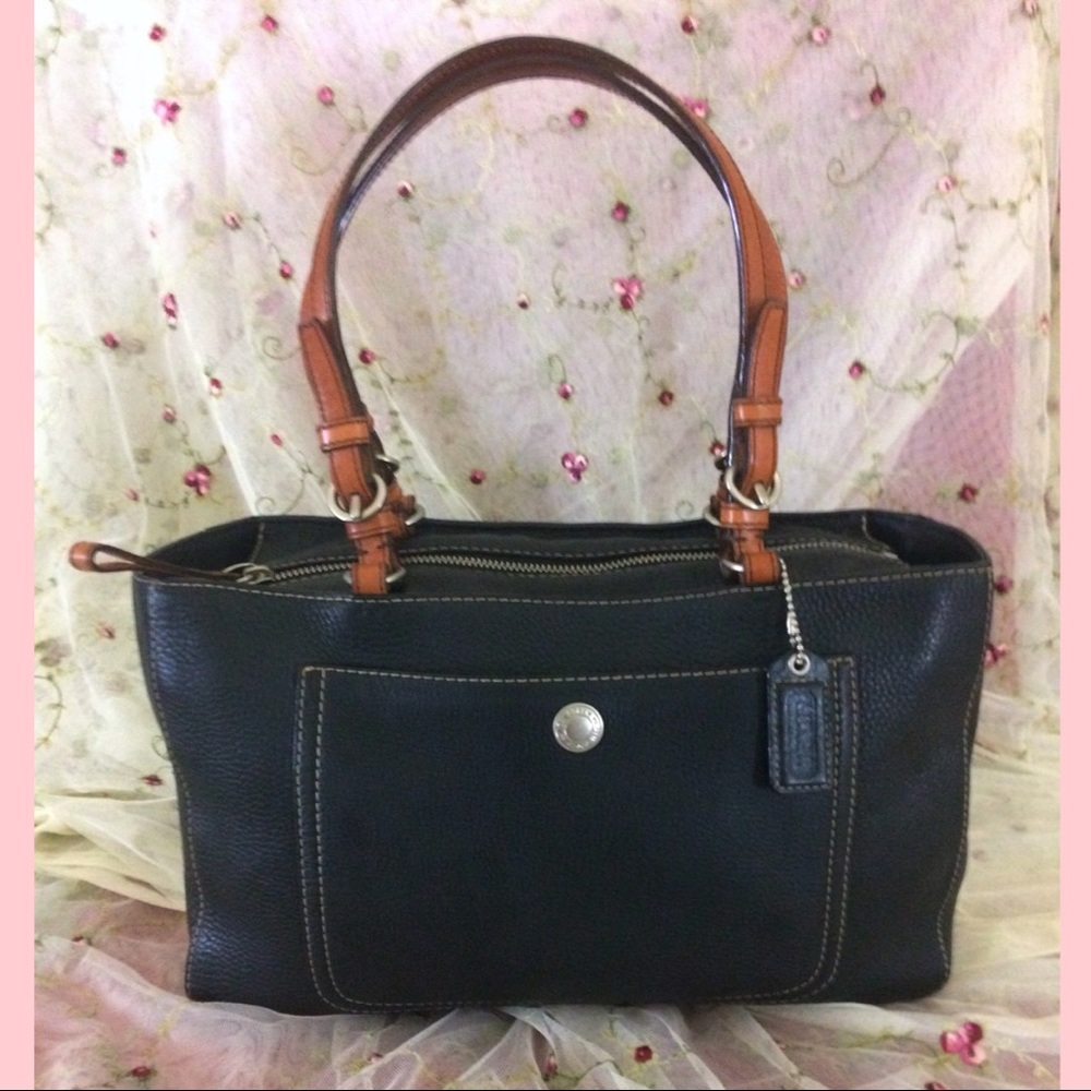 Coach Pebbled Brown Black Business Casual Formal Quality Leather Purse Handbag