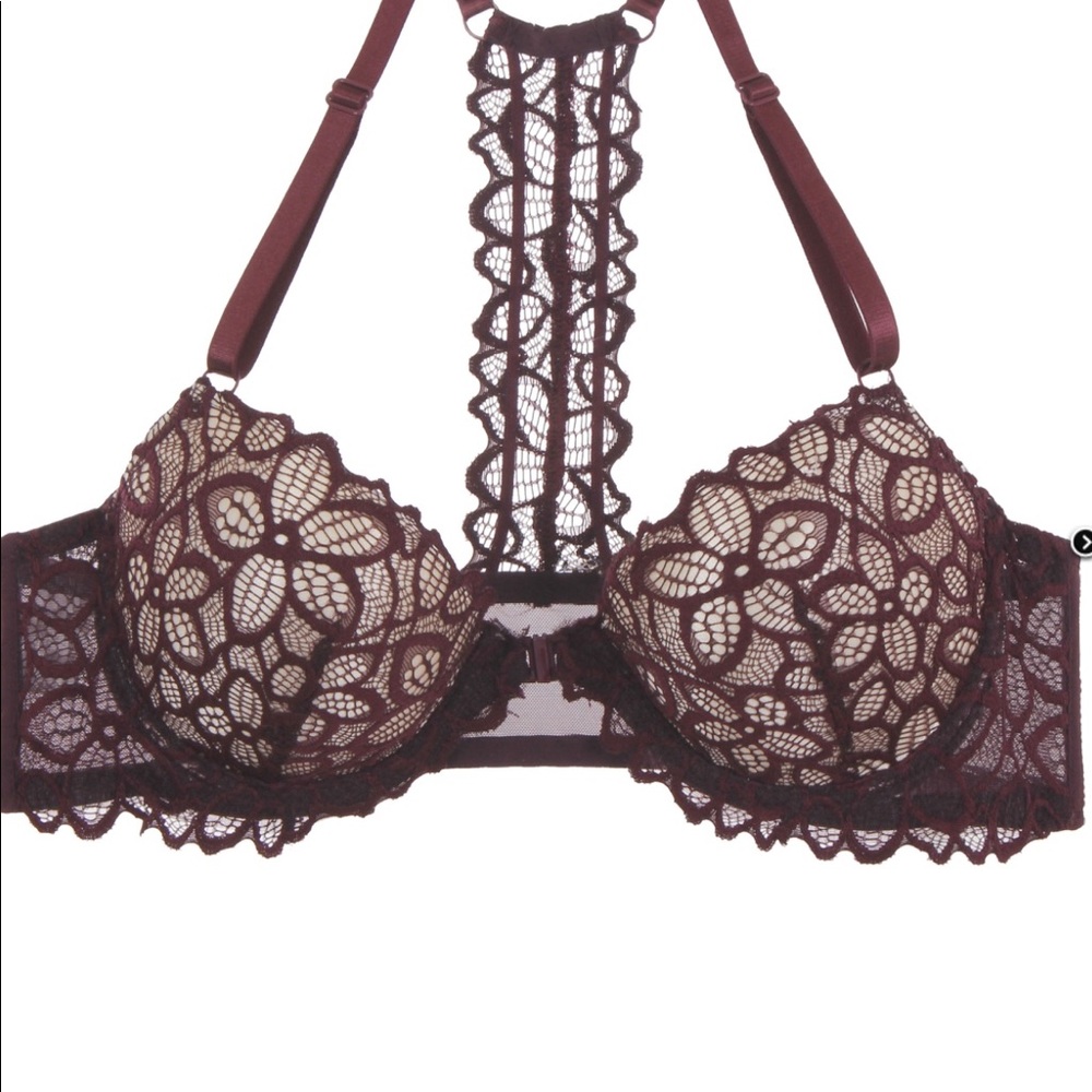 34C Sexy Push Up Bra Overlay Floral Lace Wine