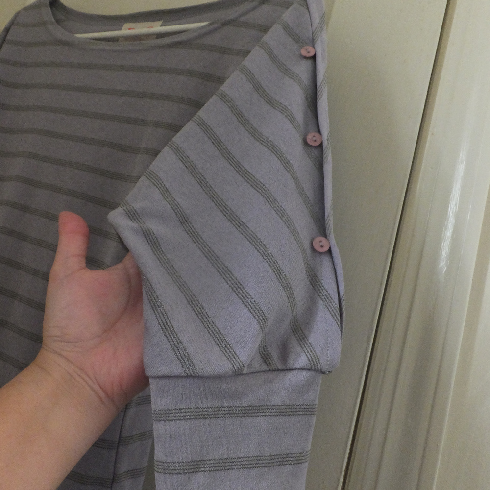 Striped Cold Shoulder Top w/ Buttoned Sleeves - Picture 2 of 8