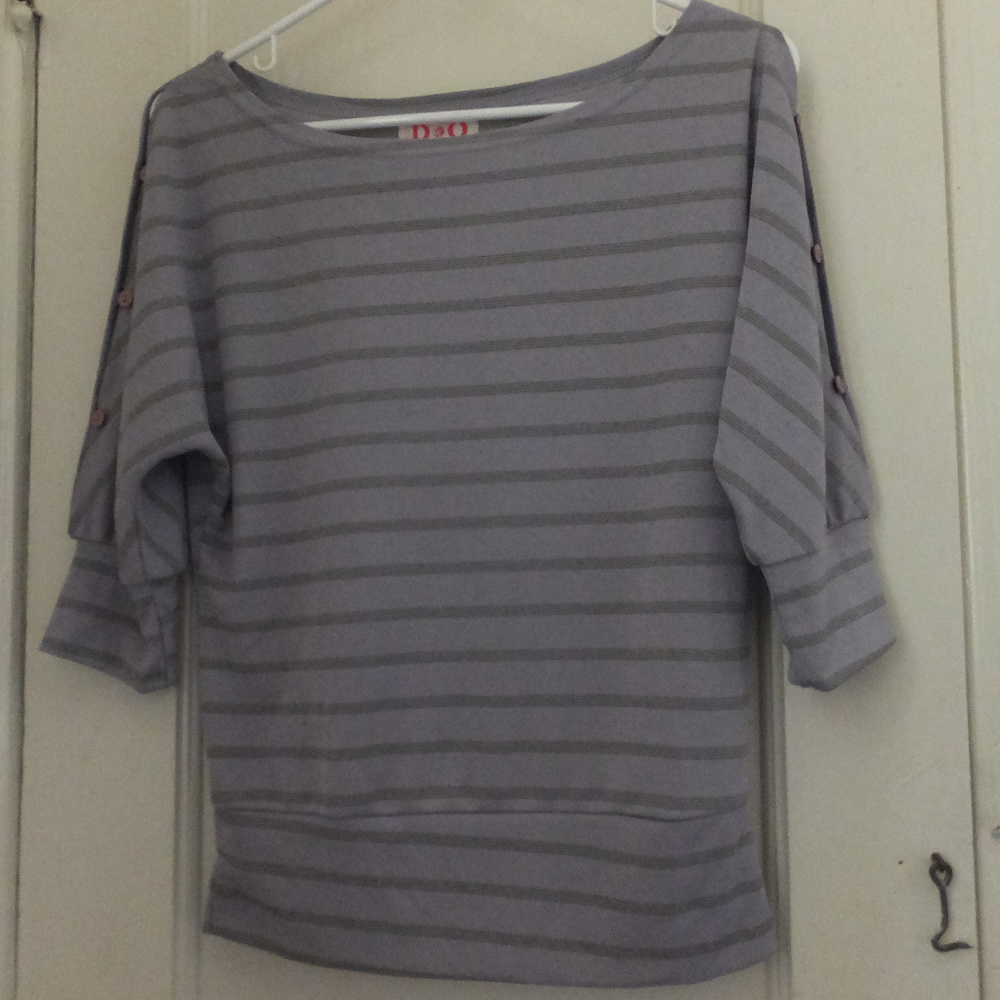 Striped Cold Shoulder Top w/ Buttoned Sleeves