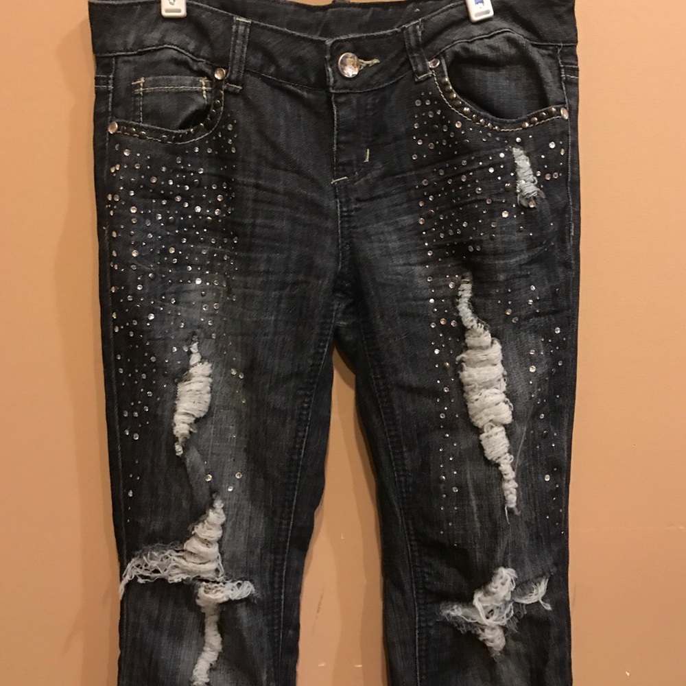 Almost famous stretch embellished jeans 5 ripped