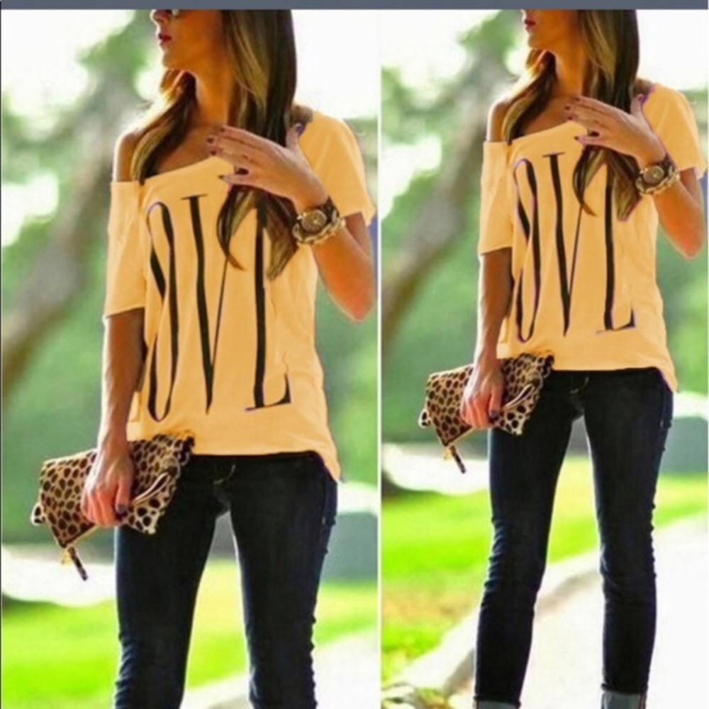 Off shoulder Love T-shirt.