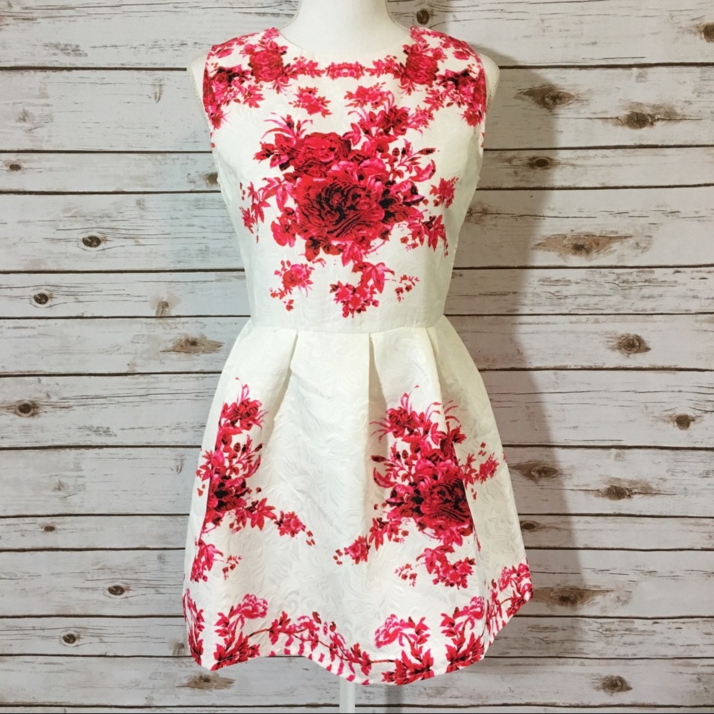 White Tea Dress w Pink & Red Floral Print