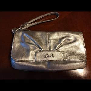 Silver Metallic Coach wristlet/clutch