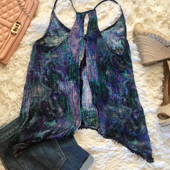 UO open back flowy fringe pom Pom Hem tank Medium - Picture 7 of 8