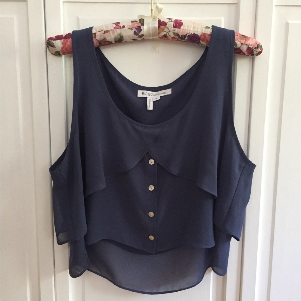 BCBG Flowy Button-Up Cropped Tank - Blue Smoke