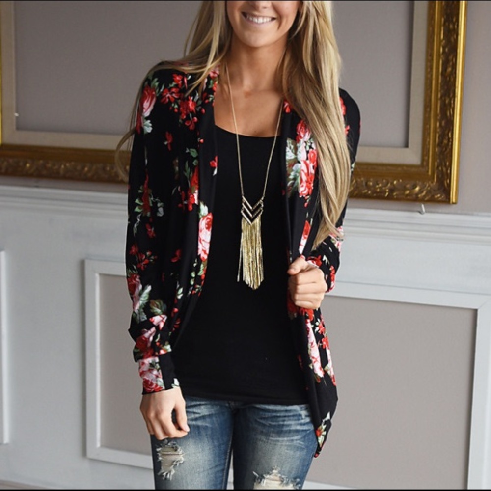 💕 Floral Kimono Cardigan Navy - Picture 6 of 7