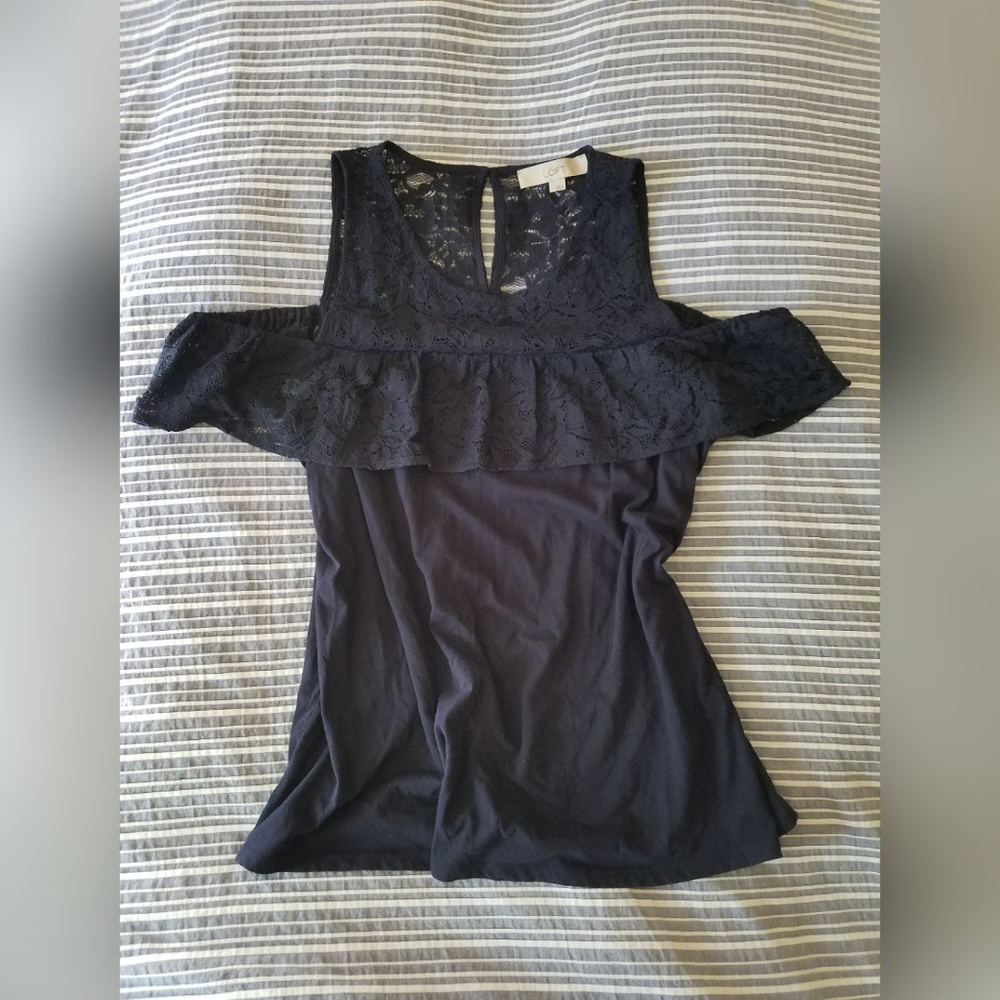 LOFT Navy Cold Shoulder Lace Top