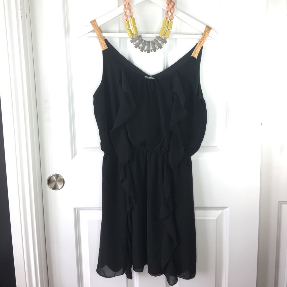 Black Ruffle Front Dress Braided Straps Elastic Waist Flowy Summer Size M