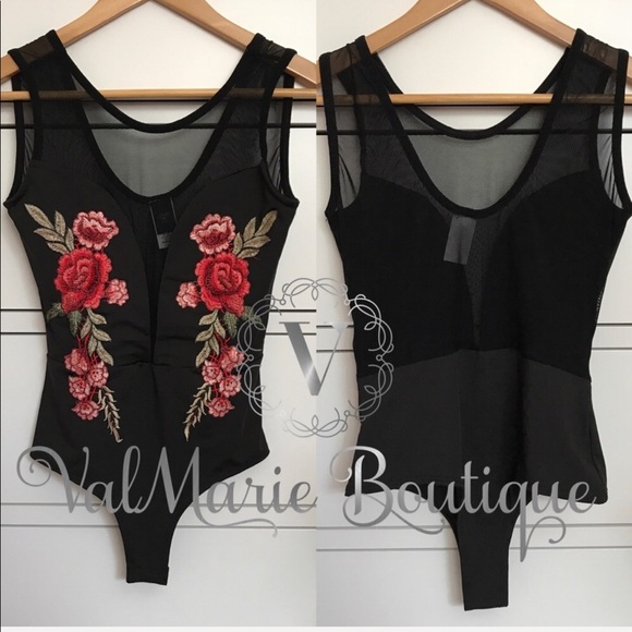 Rose Embroidered Mesh Bodysuit - Picture 2 of 3