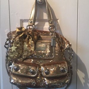 Gold Sequin Coach Poppy Spotlight Purse w/ scarf