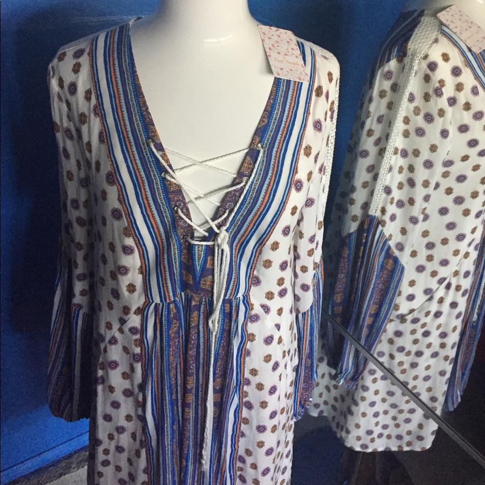FREE PEOPLE Paisley Dress in Ivory/Blue Sz M