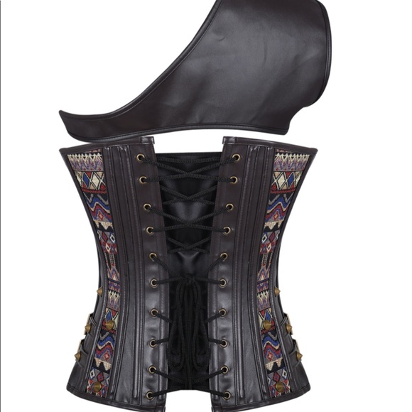 Brown leather corset w/ half shoulder top leather - Picture 3 of 7
