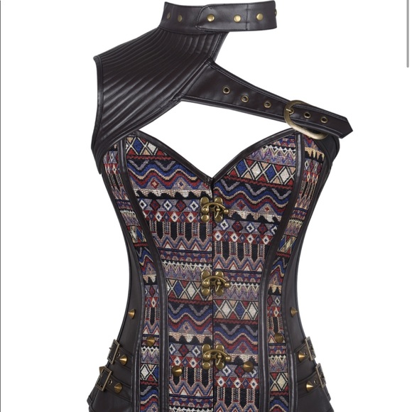 Brown leather corset w/ half shoulder top leather - Picture 2 of 7