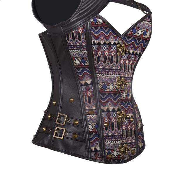 Brown leather corset w/ half shoulder top leather - Picture 7 of 7