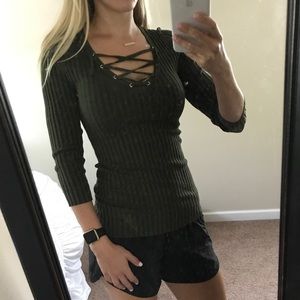 Olive green lace up top