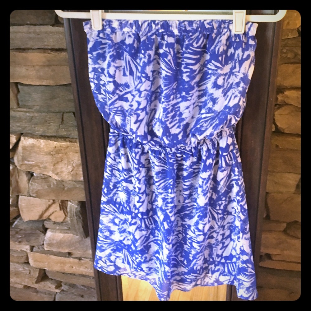 Express Strapless blue and white floral dress