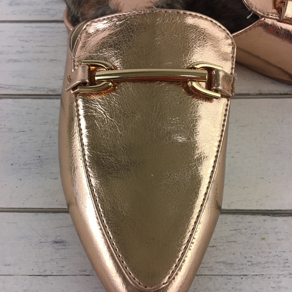 Qupid Shoes Mules Rose Gold Faux Fur Lined Loafer - Picture 2 of 8