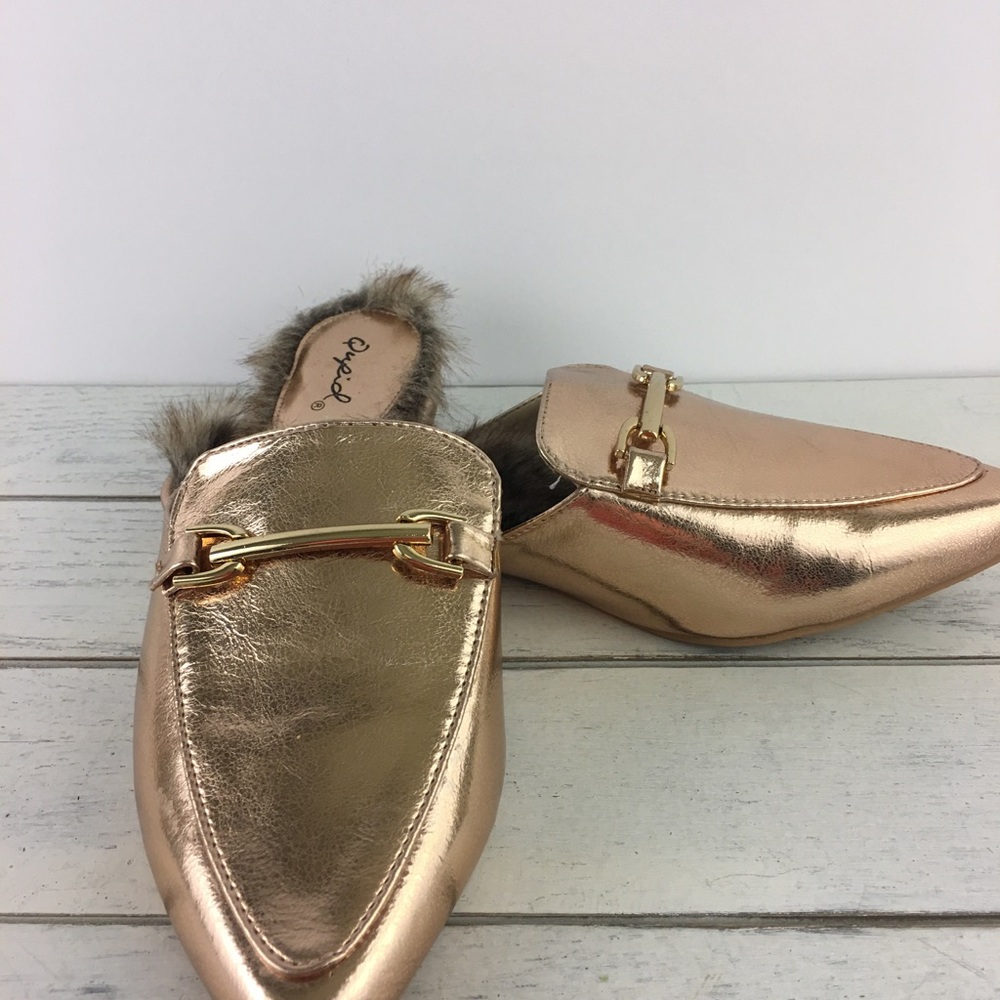 Qupid Shoes Mules Rose Gold Faux Fur Lined Loafer - Picture 3 of 8