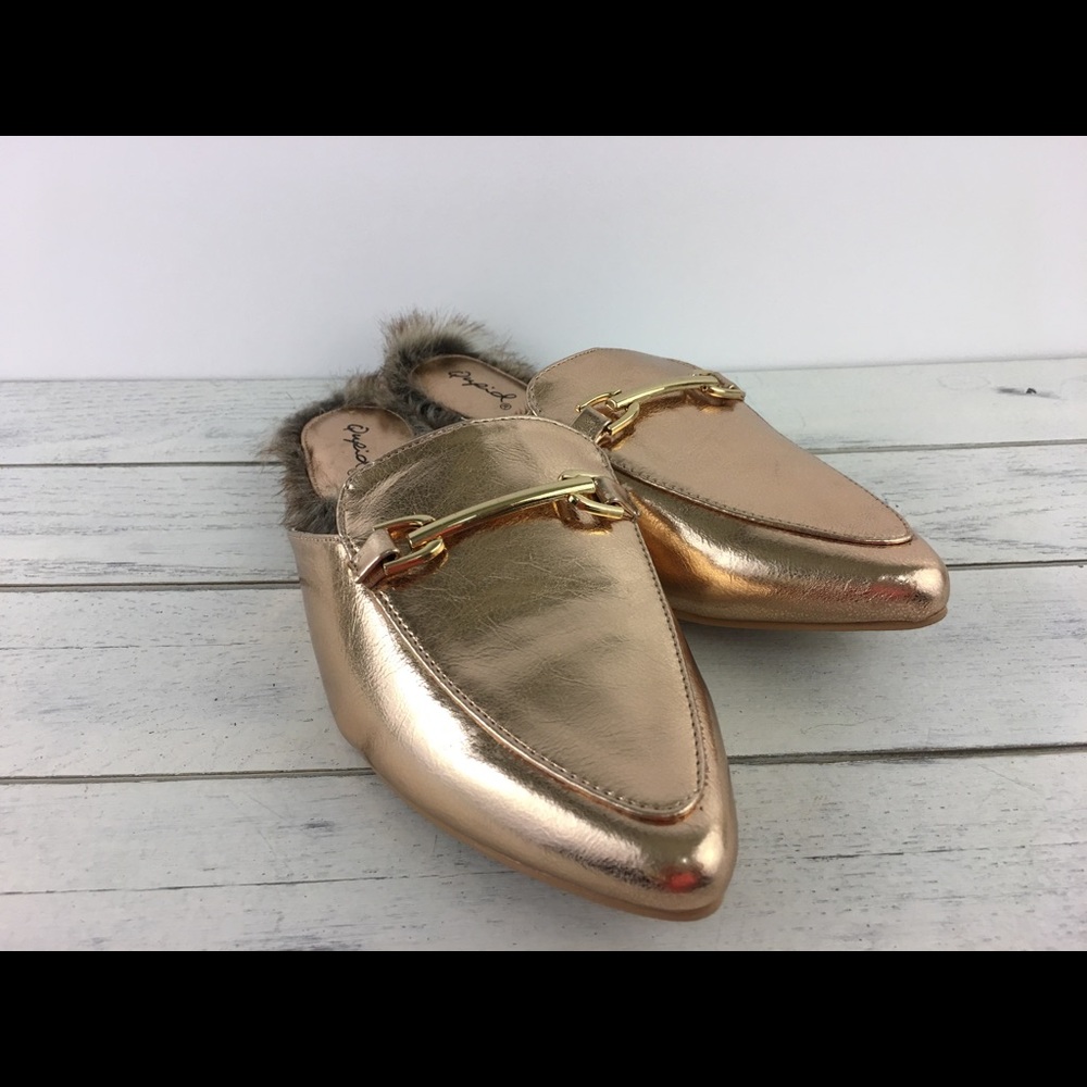 Qupid Shoes Mules Rose Gold Faux Fur Lined Loafer - Picture 5 of 8