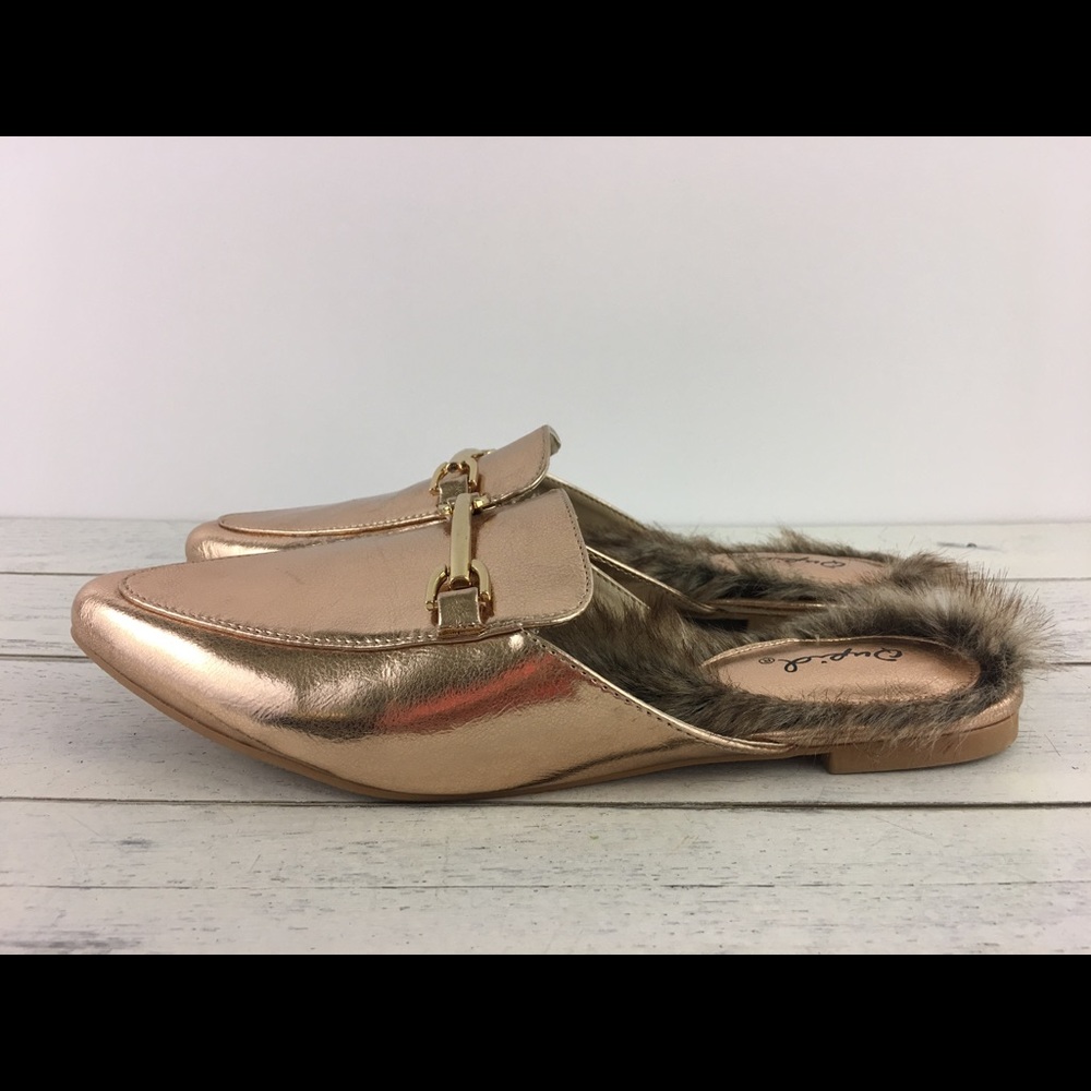 Qupid Shoes Mules Rose Gold Faux Fur Lined Loafer - Picture 7 of 8