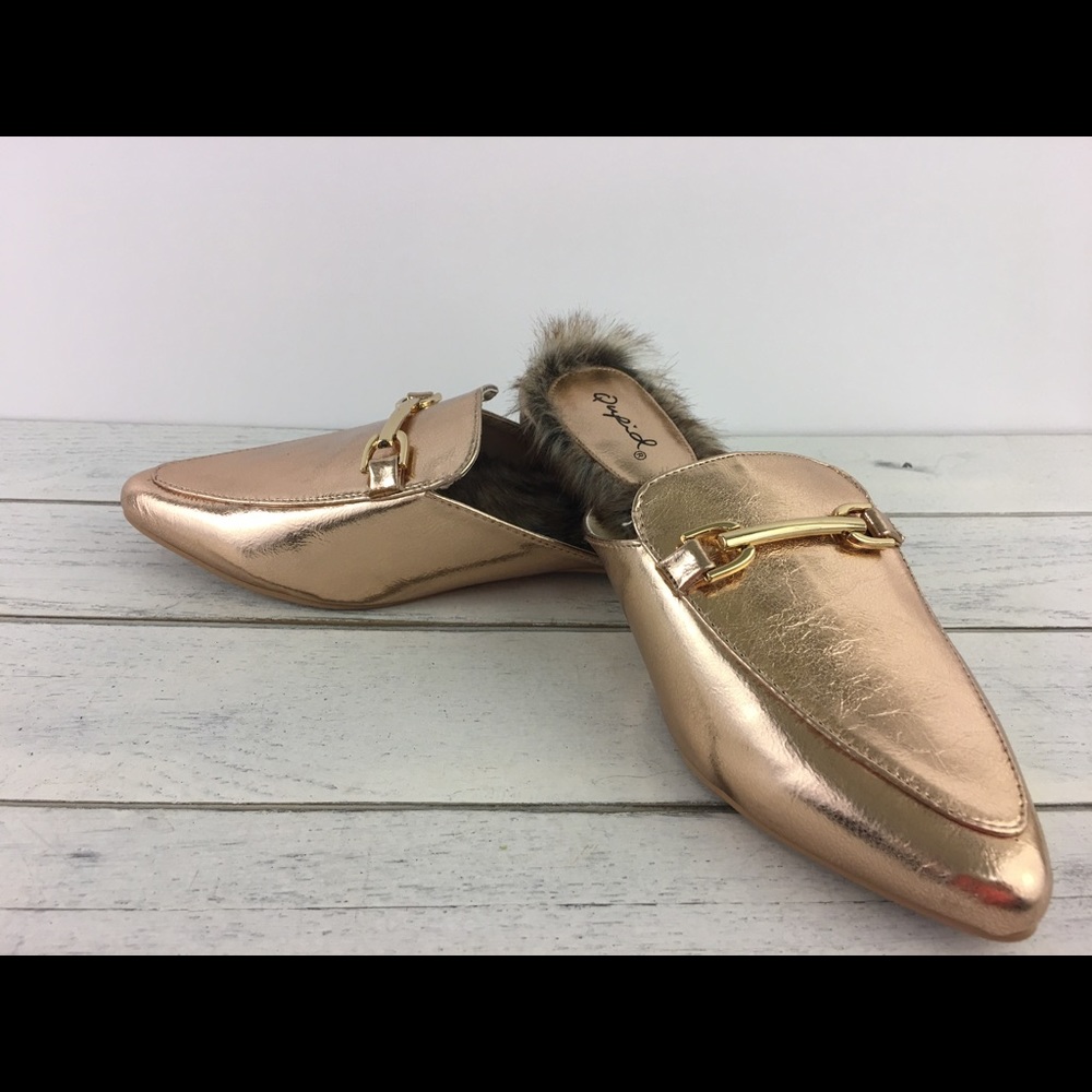 Qupid Shoes Mules Rose Gold Faux Fur Lined Loafer - Picture 8 of 8