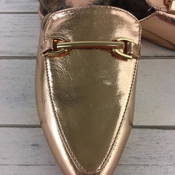 Qupid Shoes Mules Rose Gold Faux Fur Lined Loafer - Picture 2 of 8