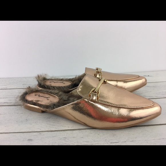 Qupid Shoes Mules Rose Gold Faux Fur Lined Loafer - Picture 4 of 8