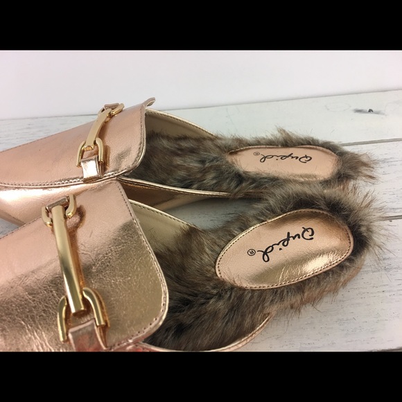 Qupid Shoes Mules Rose Gold Faux Fur Lined Loafer - Picture 6 of 8