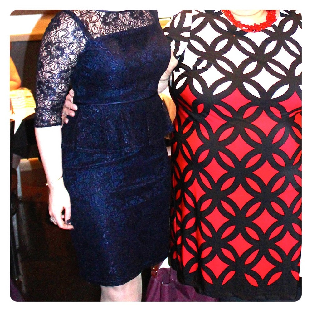 Adrianna Papell Lace Peplum Long Sleeve Navy Dress