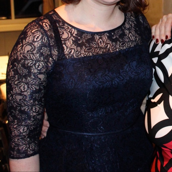 Adrianna Papell Lace Peplum Long Sleeve Navy Dress - Picture 2 of 5