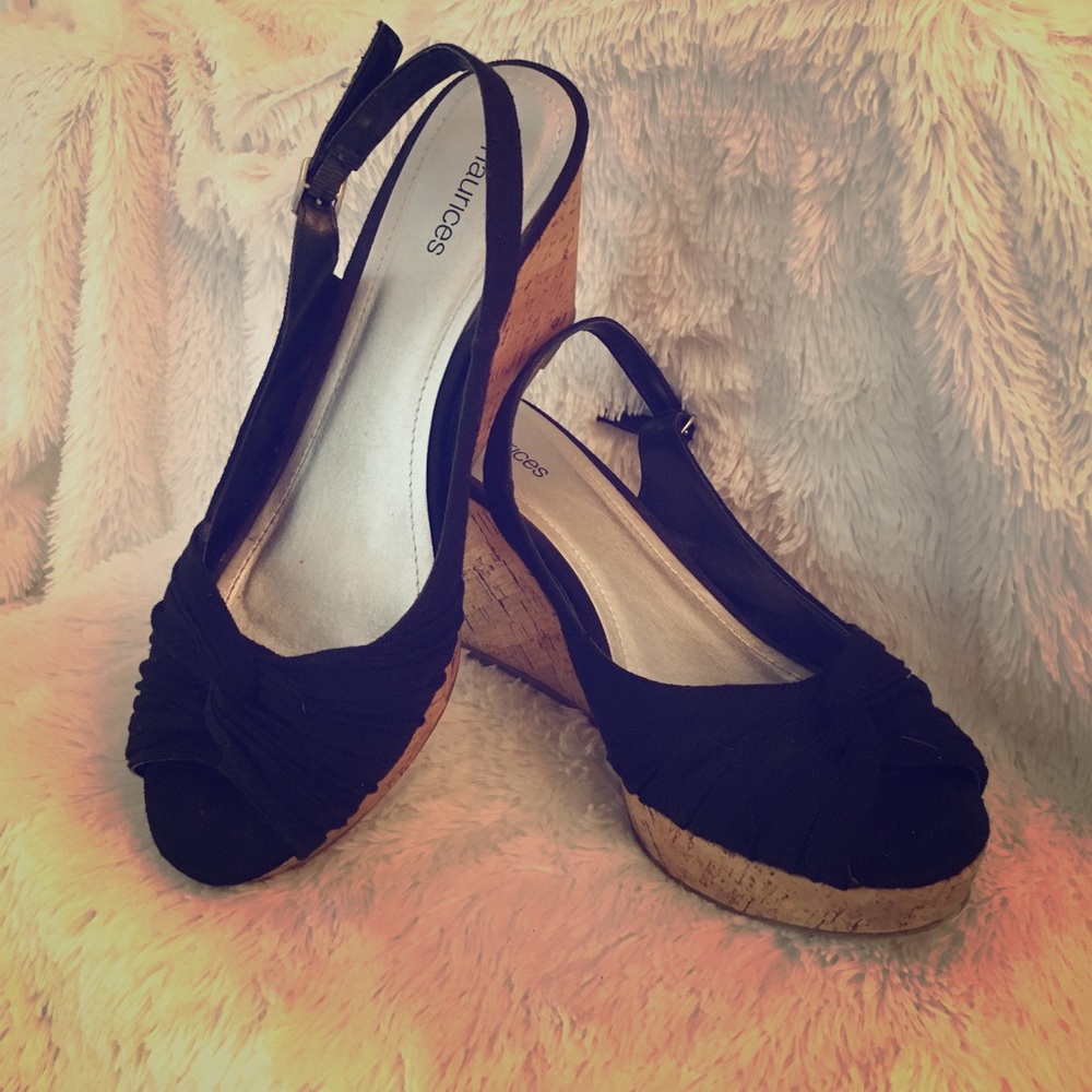 Black Peeptoe Slingback Cork Wedges