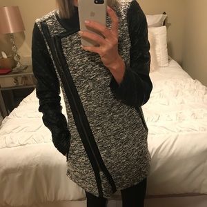 Black and White Tweed Jacket with Leather Sleeve