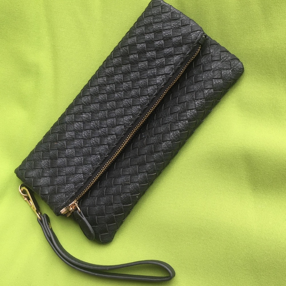 Black leather wristlet clutch