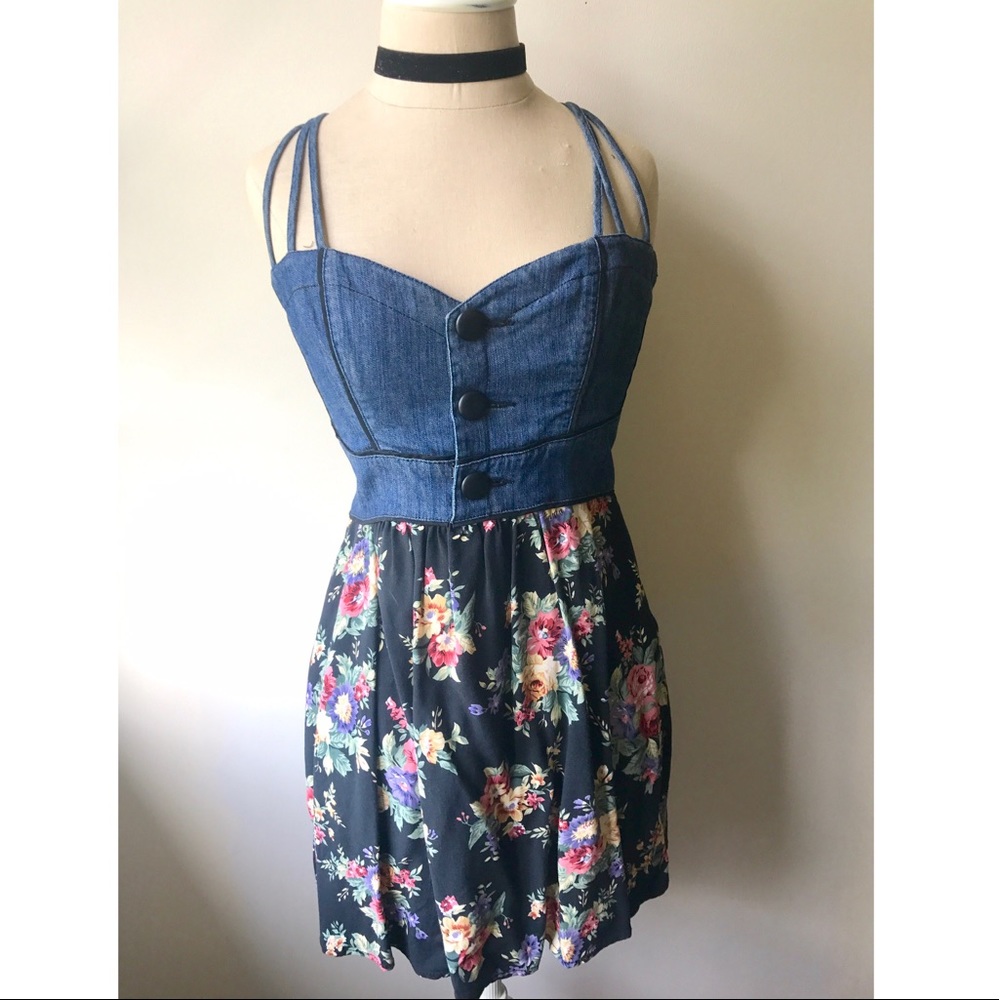 Free People Denim and Floral Bustier Dress