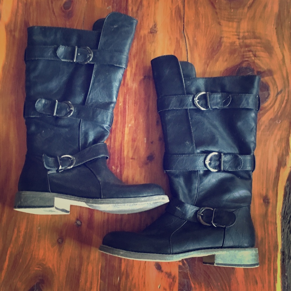 Black over the knee boots with buckles