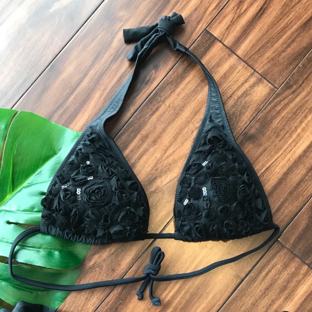 Sequin Black Rosette Bikini Top