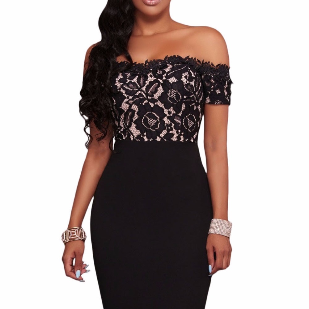 Black Floral Lace Top Off Shoulder Dress - Picture 3 of 6
