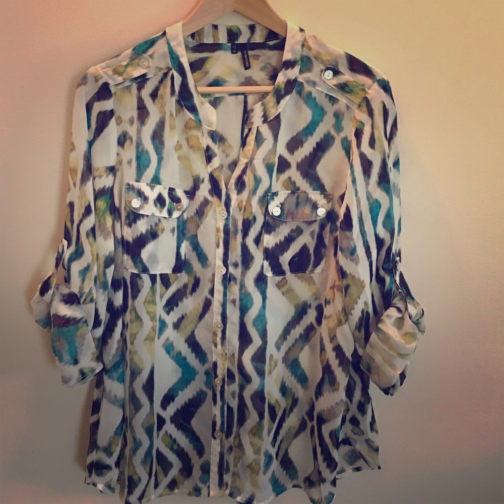 Multi-Colored Button Down Sheer Blouse