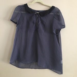 Sheer navy polka dot Peter Pan collar blouse