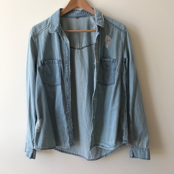 🌎 Distressed Jean Button Down 🌎 - Picture 1 of 6