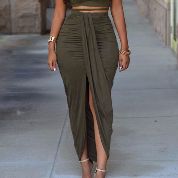 Olive Faux Suede Two Piece Maxi Skirt Set - Picture 4 of 6